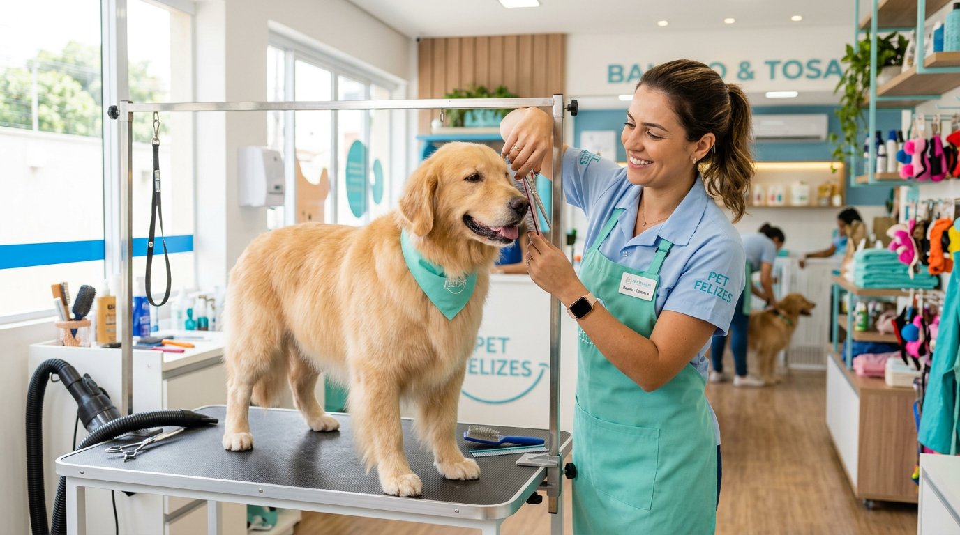 Tosadora da PetLar finalizando o banho e tosa de um cachorro